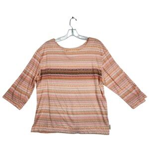 Woolrich Pink Striped Boho Top L 3/4 Sleeve Cotton Geometric Southwestern Casual